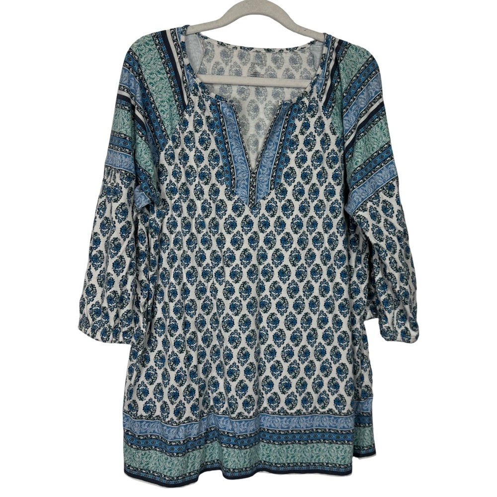 J Jill Pure Jill Slit Neck Border 3/4 Sleeve Tunic Blue/white Wom Sz PL